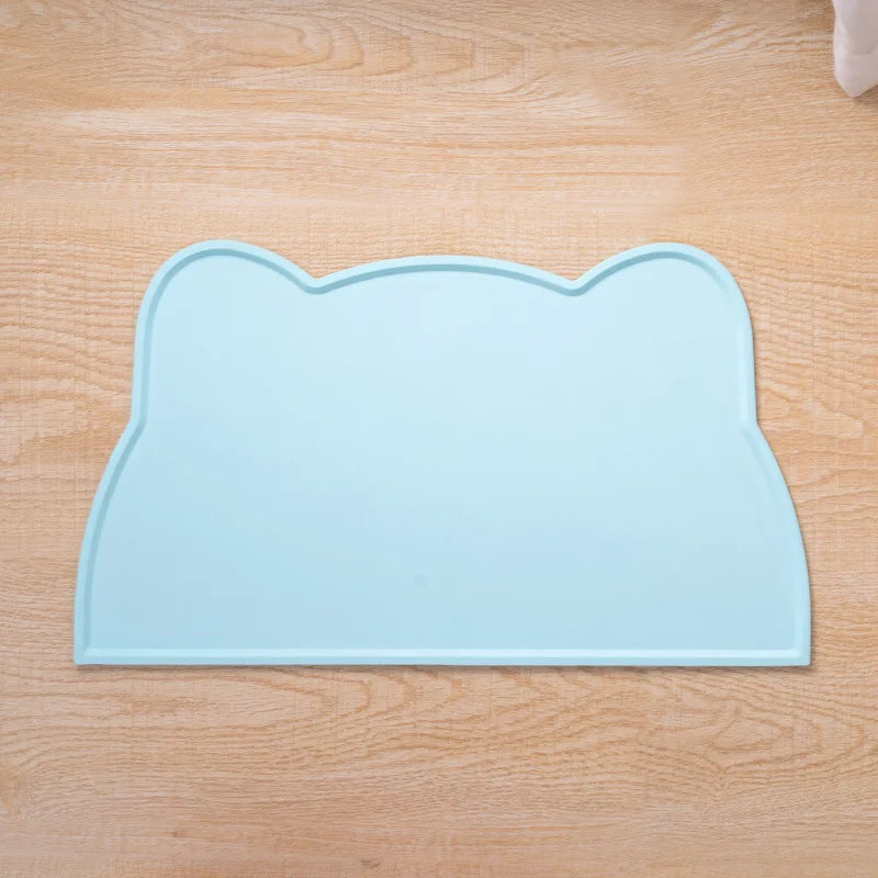 Tapis de repas en silicone bleu clair, bords relevés, forme tête de chat