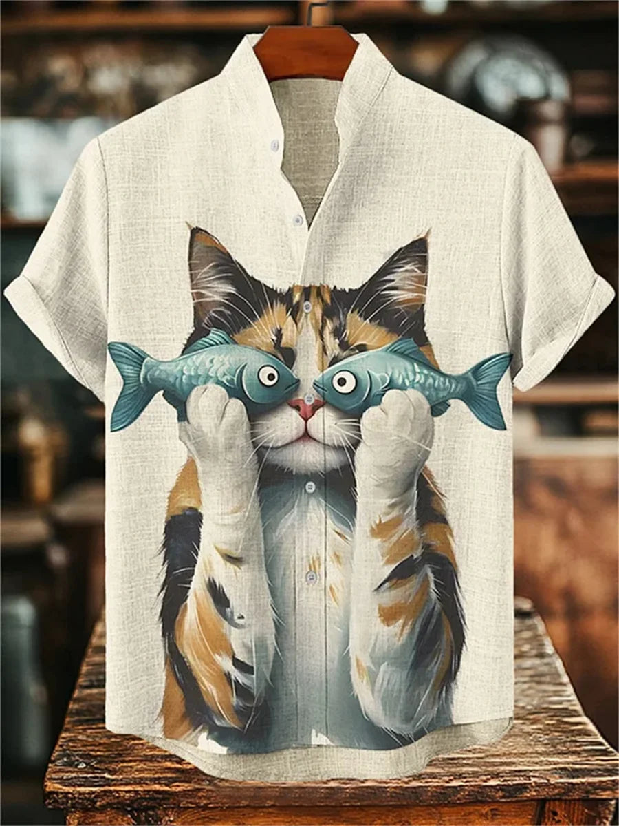 Chemise Hawaïenne Chat Homme — Imprimé Amusant, Col Montant, Style Décontracté