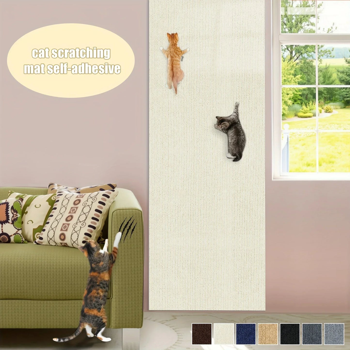 Tapis griffoir autocollant pour chat, bleu foncé, format grand sur mur