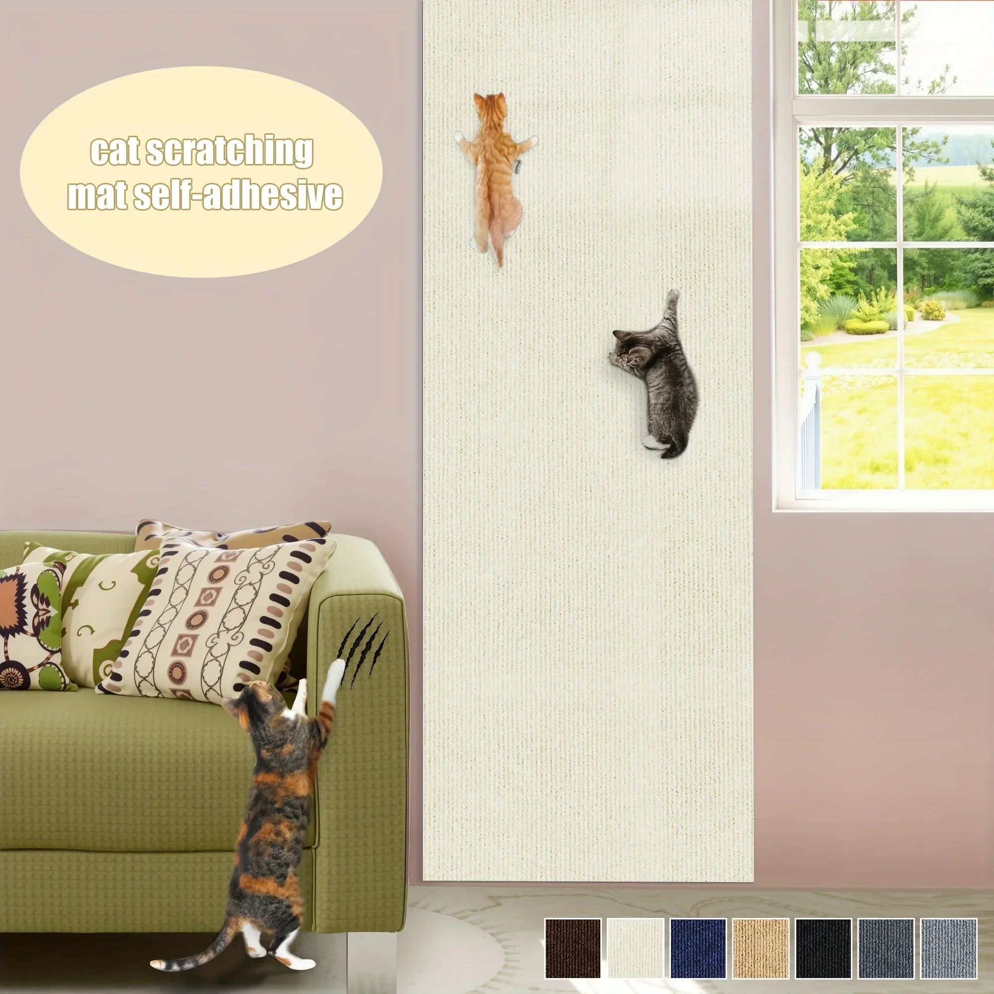 Tapis griffoir autocollant pour chat, bleu foncé, format grand sur mur