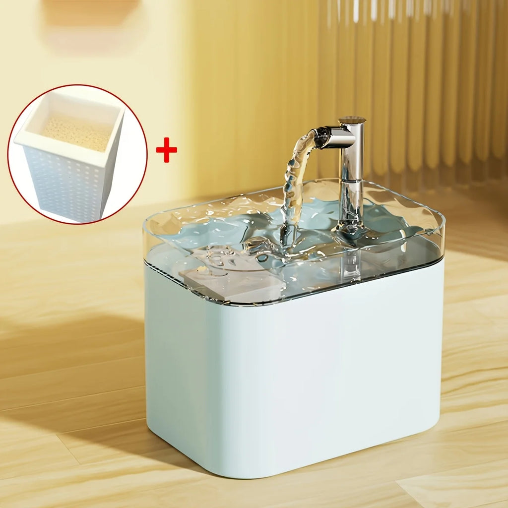 Fontaine à eau automatique chat et chien bleu clair avec bol transparent et jet d’eau.