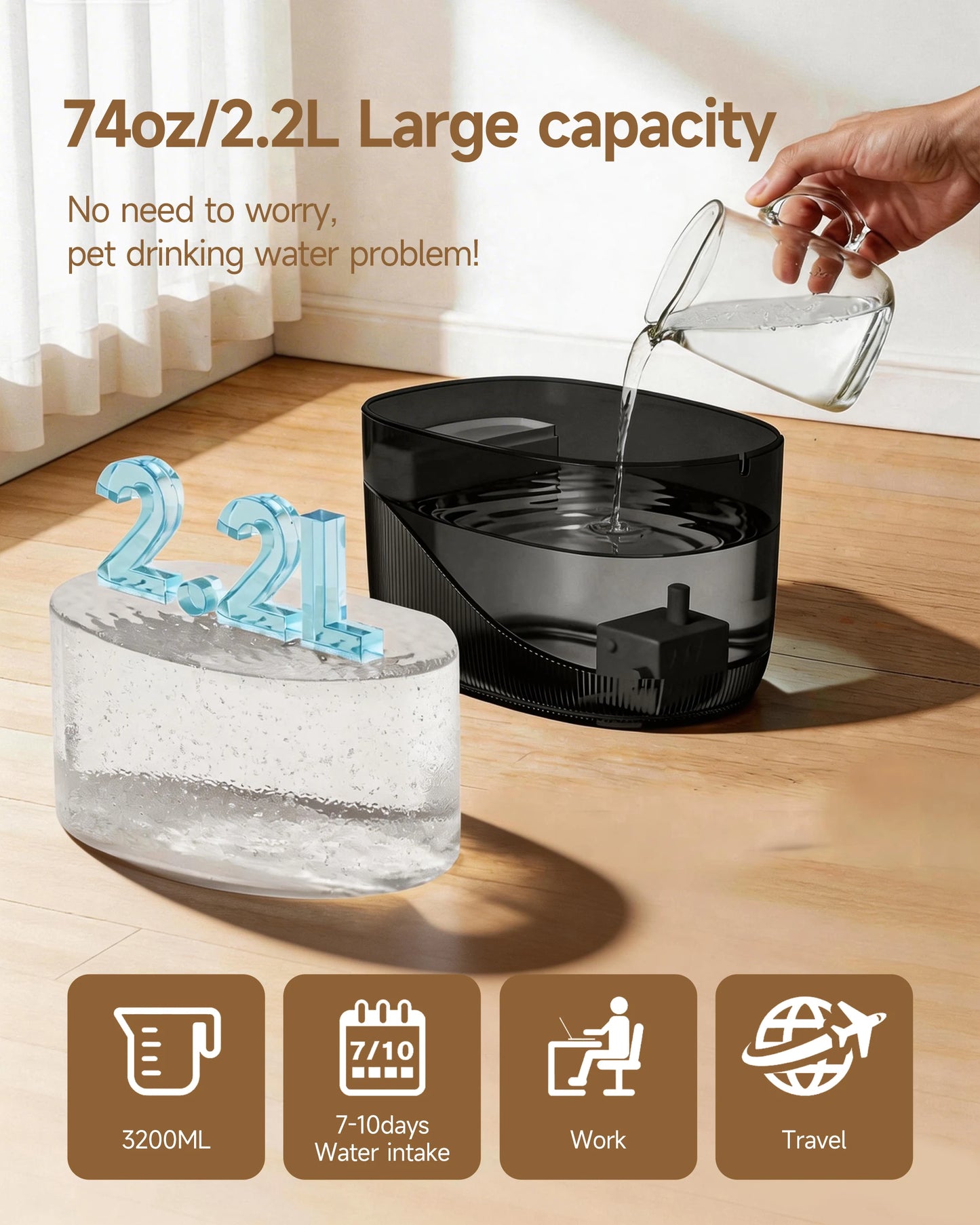Fontaine à eau automatique pour chat — 2,2L, USB, multi-modes