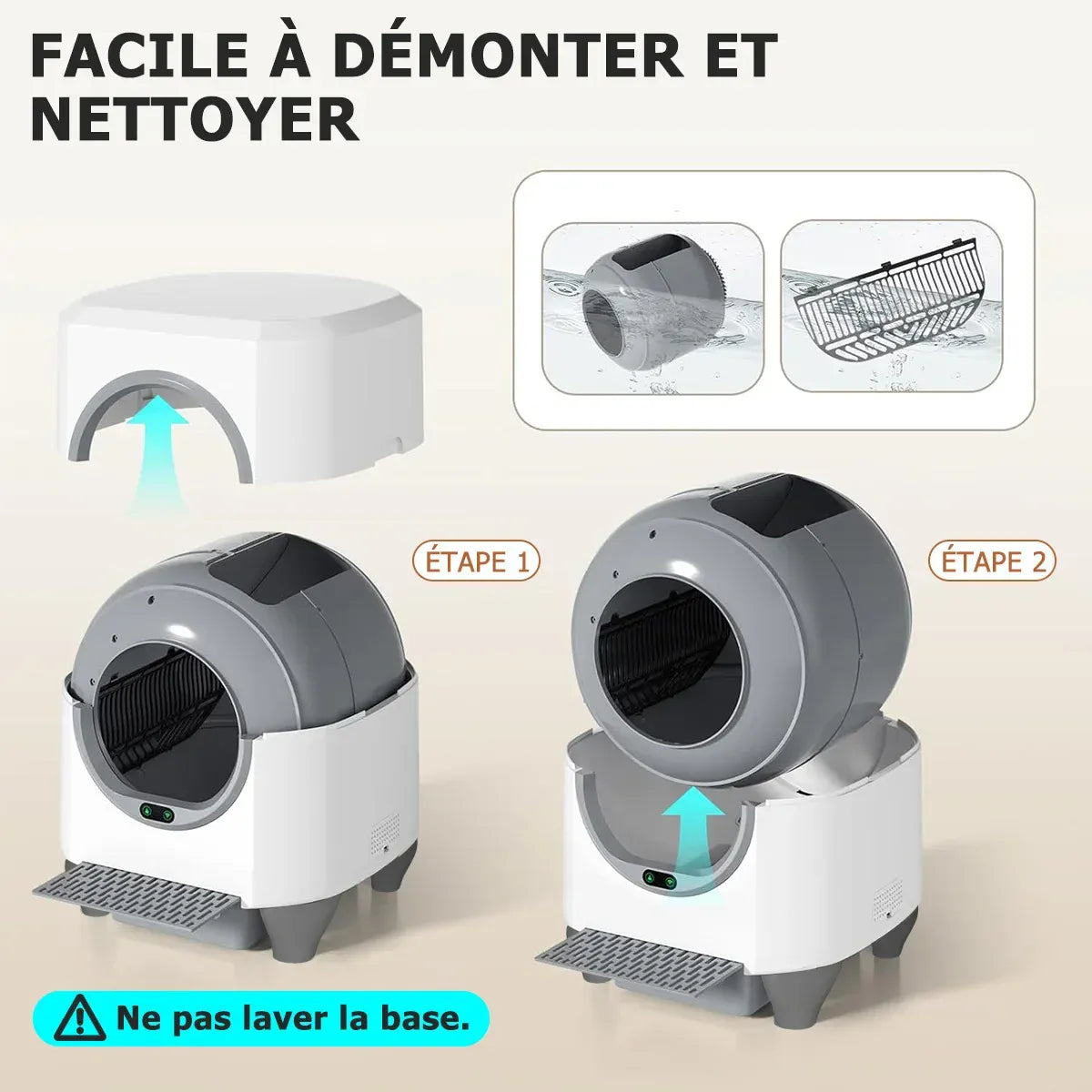Bac à litière autonettoyant blanc avec couvercle et tambour amovible pour nettoyage.