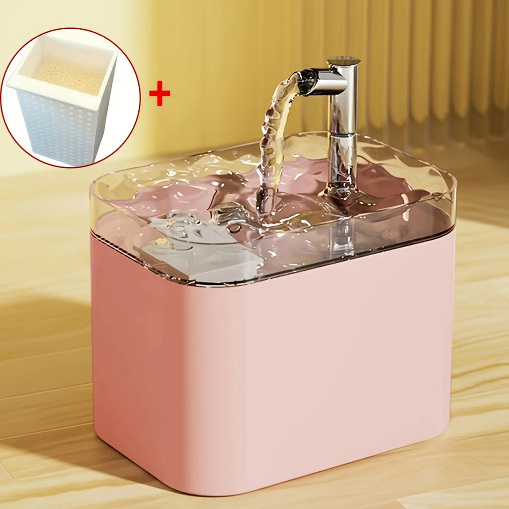 Fontaine à eau automatique chat et chien rose avec bol transparent et eau en circulation.