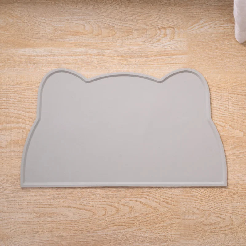 Tapis de repas en silicone gris, bords relevés, forme tête de chat