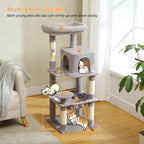 Arbre à chat gris multi-niveaux avec plateformes rondes et cabane en tissu
