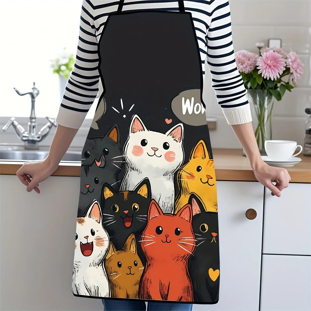 Tablier de Cuisine Motif Chats — Polyester Doux, Design Cartoon Cœurs & Étoiles