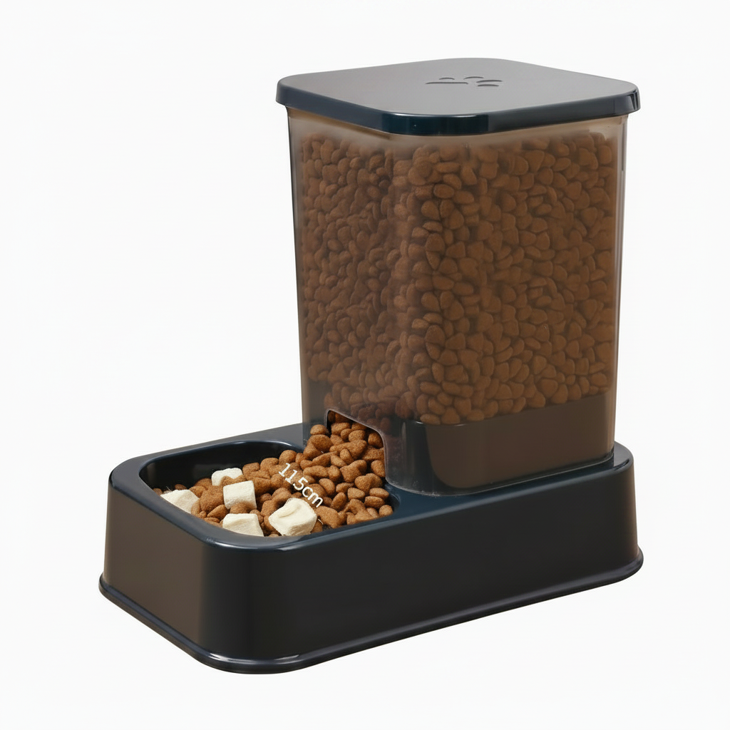 Distributeur automatique pour animaux noir, bac rempli de croquettes brunes