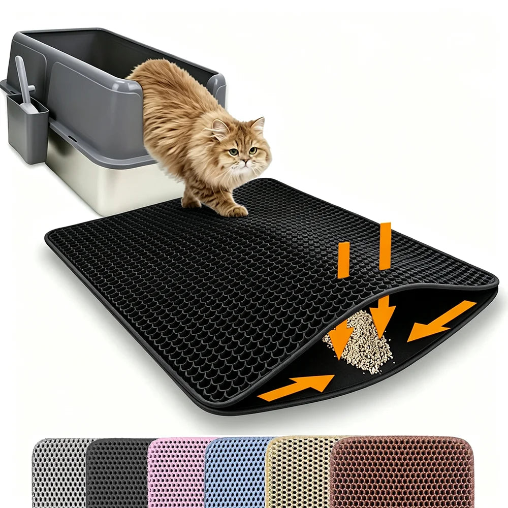 Tapis de litière chat double couche noir, motif alvéolé, récupère la litière
