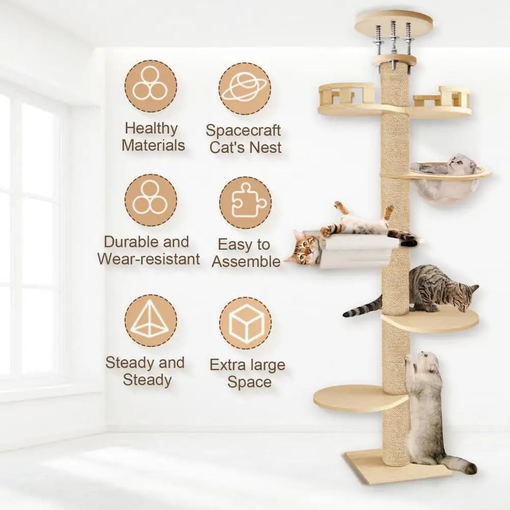 Arbre à Chat Sol Plafond Réglable 6 Niveaux – Griffoir Corde de Chanvre jusqu'à 3m