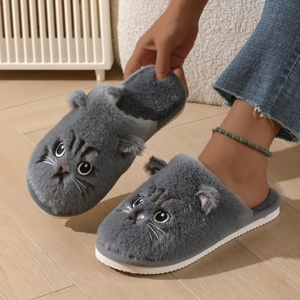 Chaussons Chat Peluche Femme - Pantoufles d'Hiver Chaudes Antidérapantes