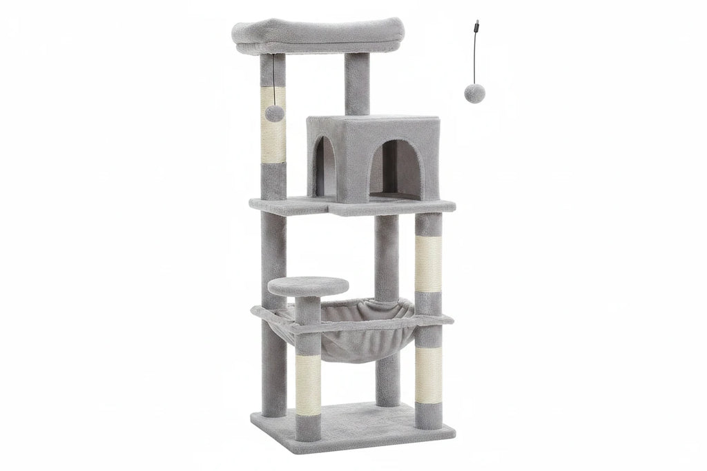 Arbre à chat gris avec plateforme supérieure, cabane rectangulaire et hamac central