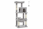 Arbre à chat gris avec plateforme supérieure, cabane rectangulaire et hamac central