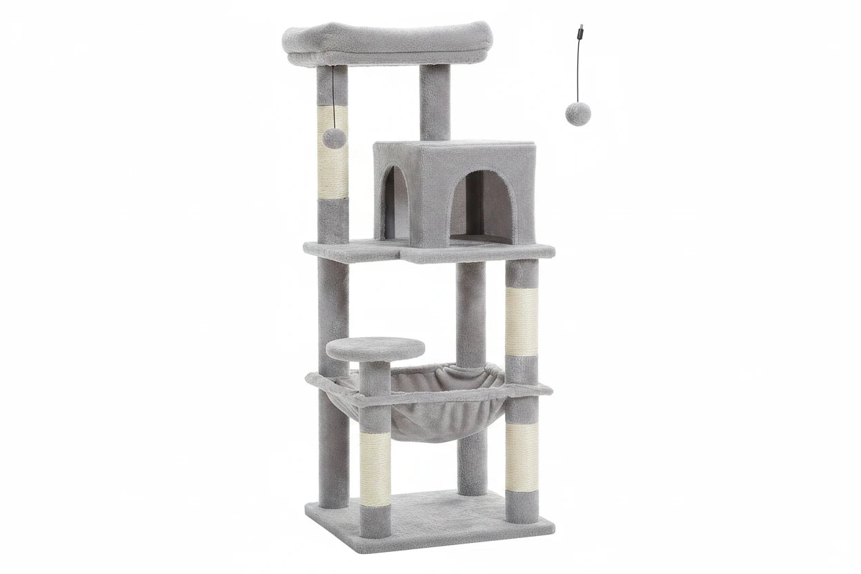 Arbre à chat gris avec plateforme supérieure, cabane rectangulaire et hamac central