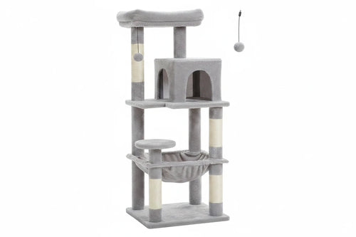 Arbre à chat gris avec plateforme supérieure, cabane rectangulaire et hamac central