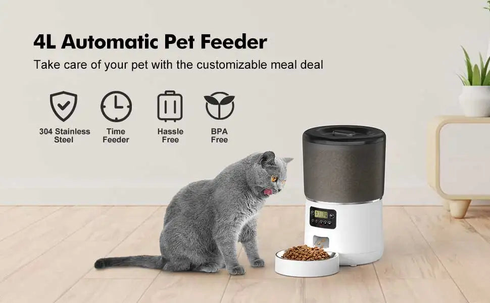 Distributeur automatique de croquettes noir 4 L avec bol en acier et affichage numérique