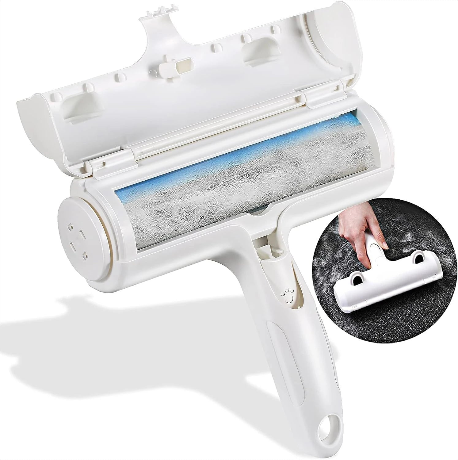 Rouleau anti-poils blanc avec tambour bleu, boîte de rangement circulaire