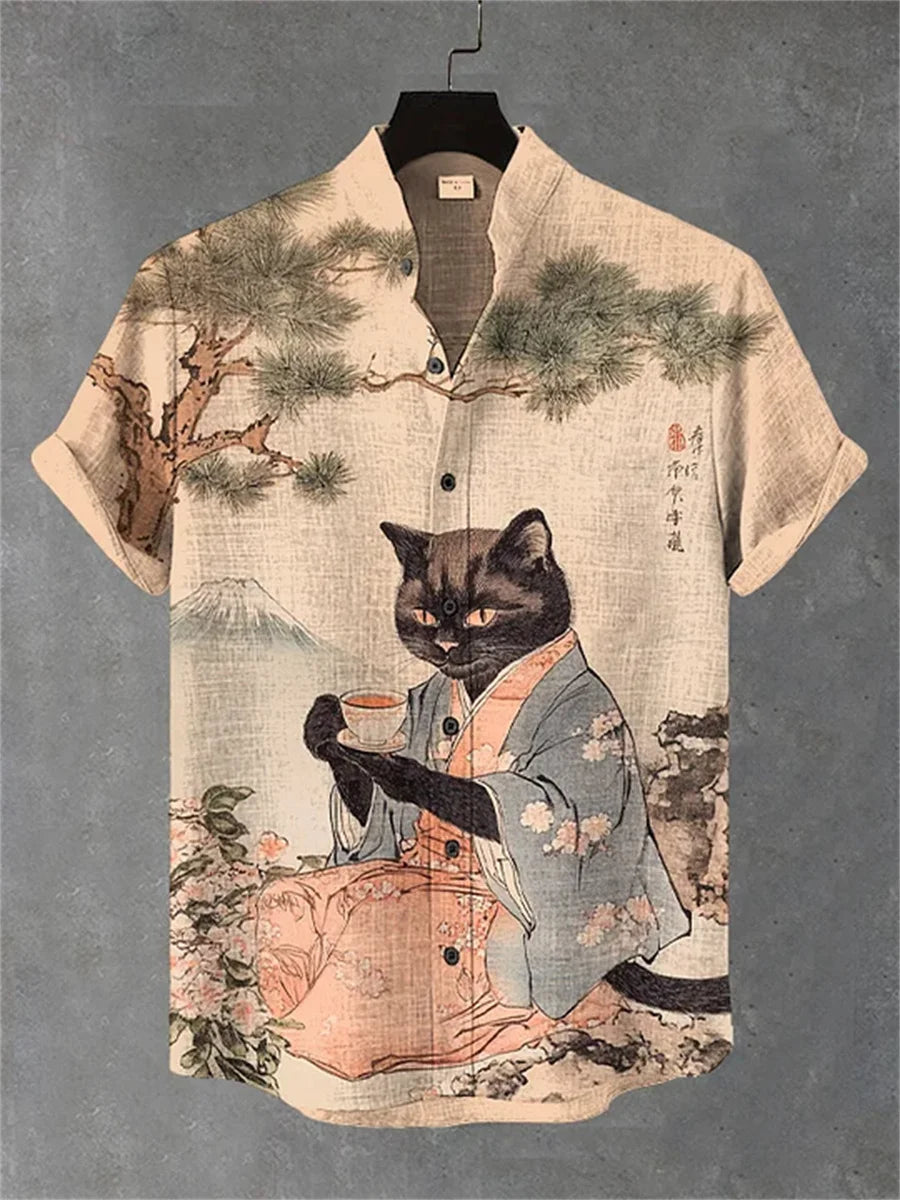 Chemise Hawaïenne Chat Homme — Imprimé Amusant, Col Montant, Style Décontracté