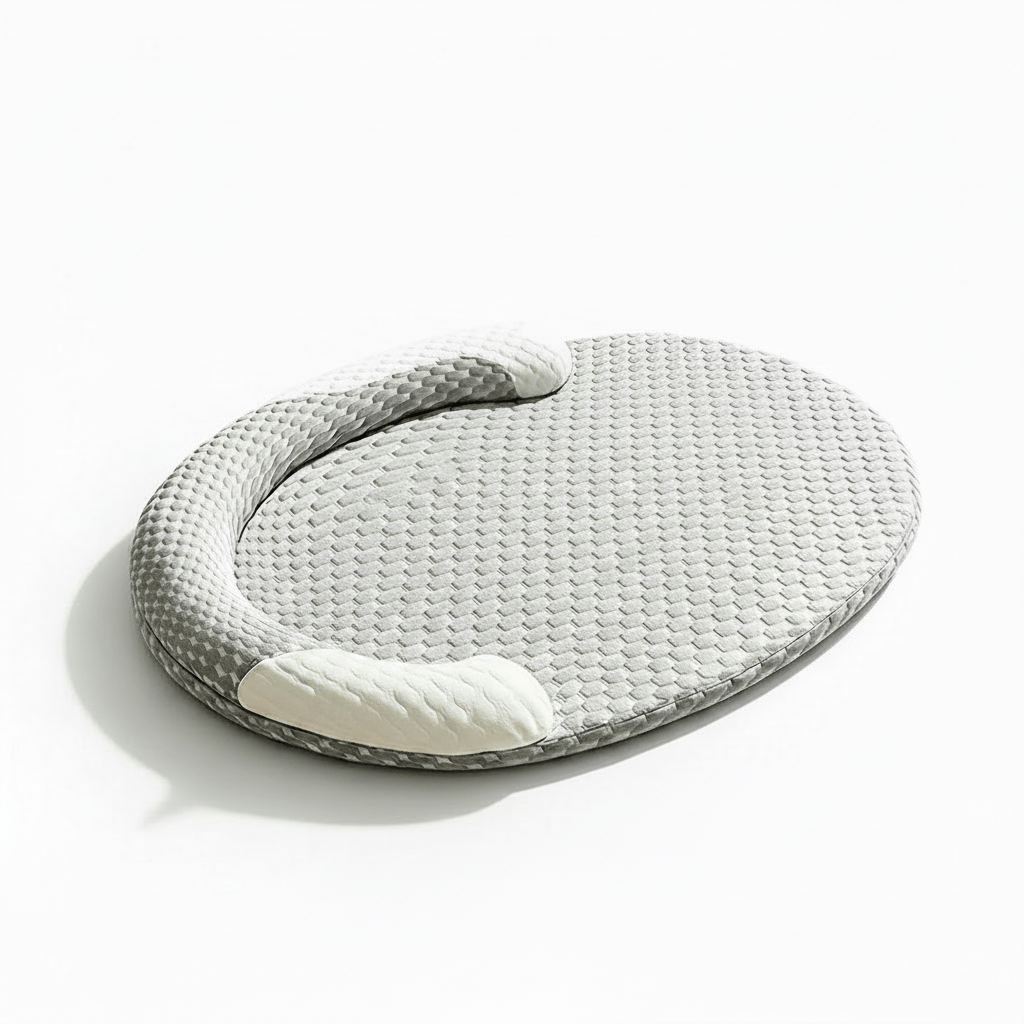 Coussin ovale gris clair pour animaux, texture nid d’abeille et cale-tête