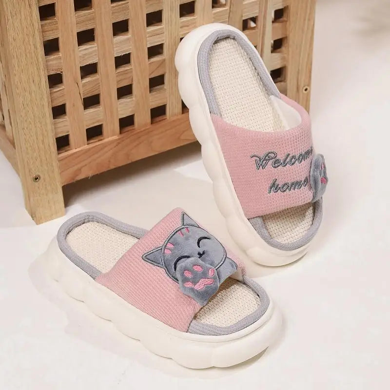 Chaussons Chat Mignon Femme — Pantoufles Plates Brodées Légères Été