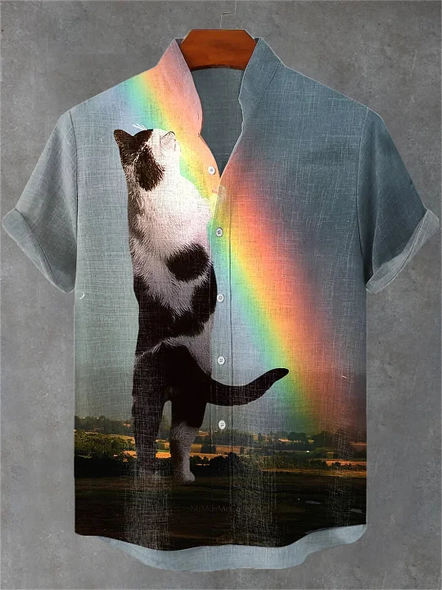 Chemise Hawaïenne Chat Homme — Imprimé Amusant, Col Montant, Style Décontracté