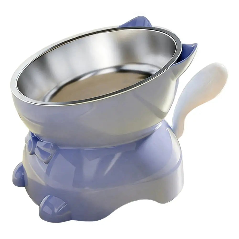 Gamelle pour chat inclinée bleu avec bol inox, poignées latérales et base anti-déversement.