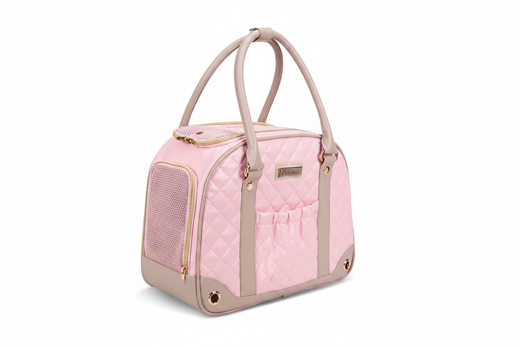 Sac de transport chat et chien rose matelassé, poignées et poche latérale
