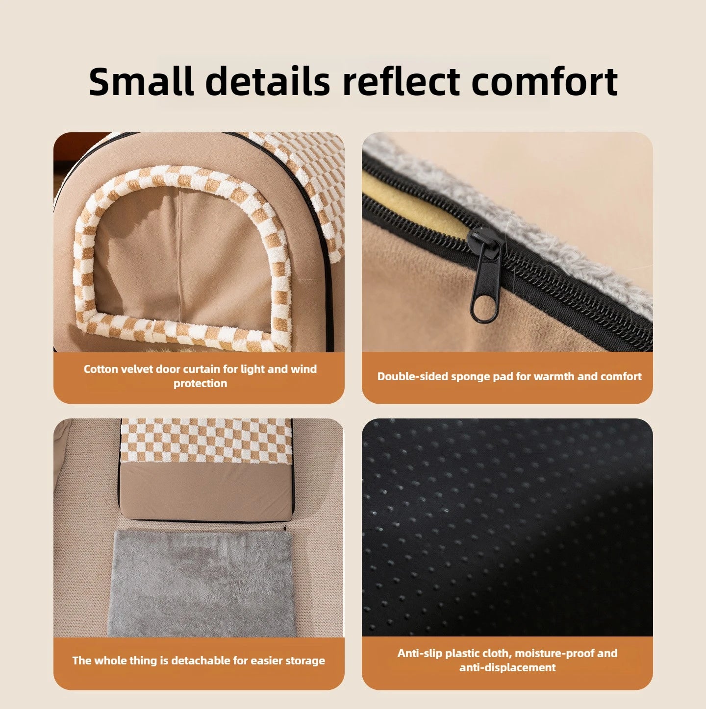 Détail matière peluche douce niche chat 4 saisons