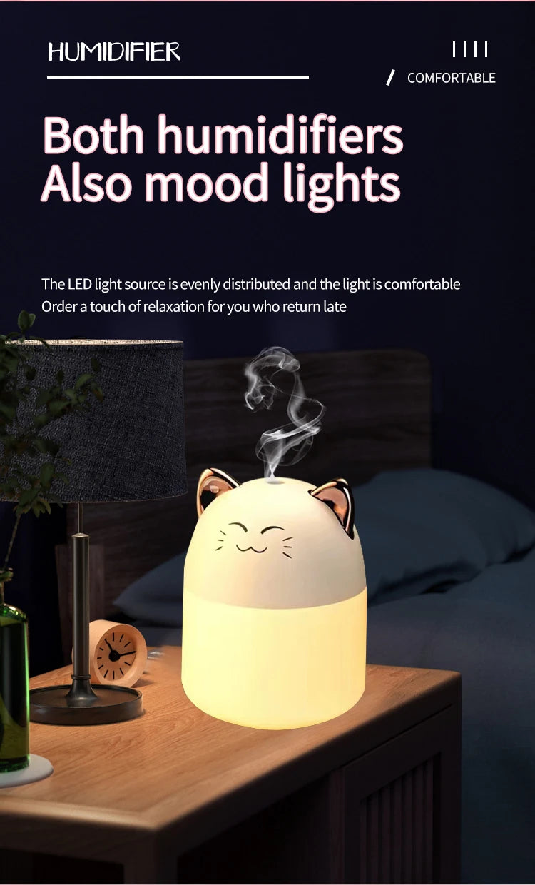 Humidificateur chat posé sur un bureau – ambiance cosy et humidité optimale