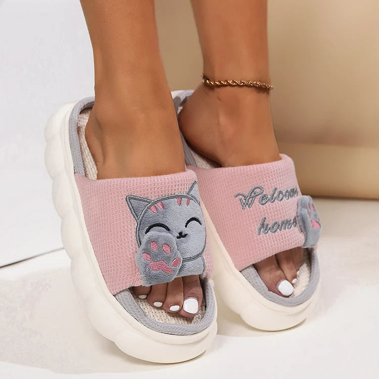 Chaussons Chat Mignon Femme — Pantoufles Plates Brodées Légères Été