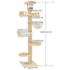 Arbre à chat plafond réglable avec 6 niveaux : plateformes, hamac et base.