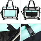 Sac de transport à roulettes, vue latérale, poignées et sangles noires, détails turquoise