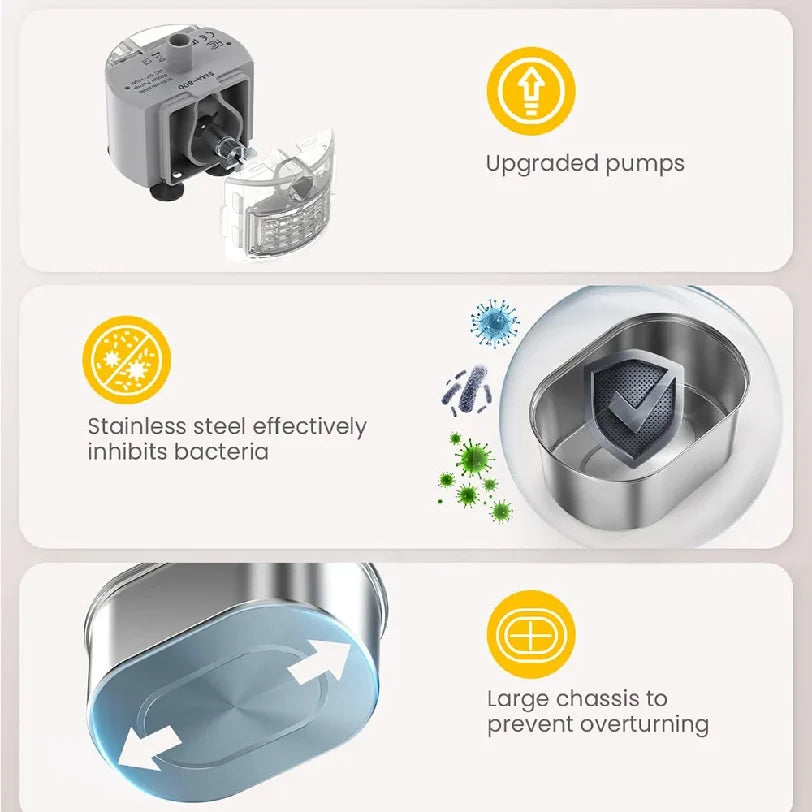 Fontaine à eau pour chat en inox : pompe améliorée et compartiment de filtration.