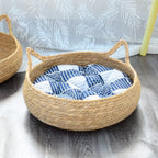 Corbeille ronde pour chat en rotin, coussin bleu clair à motifs marins