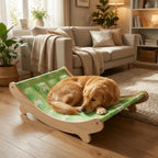 Transat rafraîchissant pour chat, structure en bois et housse verte à motifs, chien roux couché