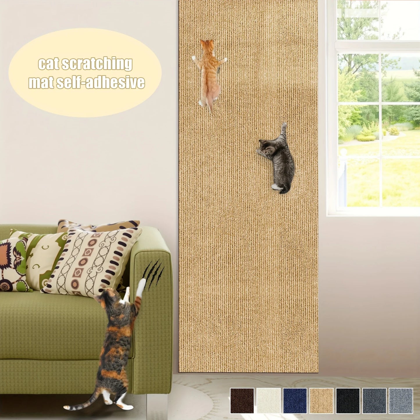 Tapis antigriffes autocollant beige avec silhouettes de chat griffant