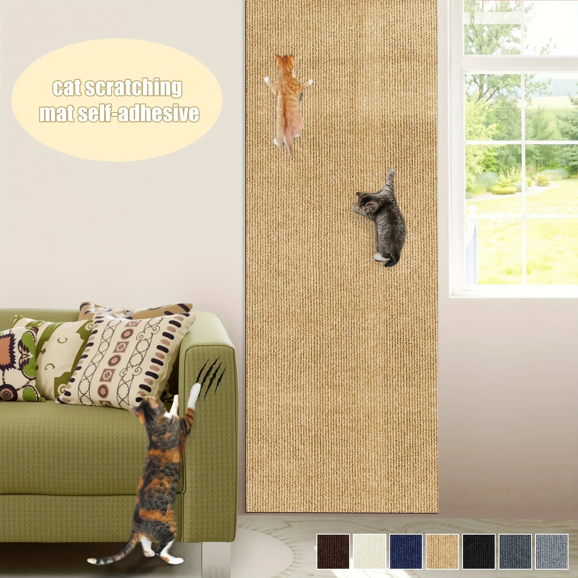 Tapis antigriffes autocollant beige avec silhouettes de chat griffant