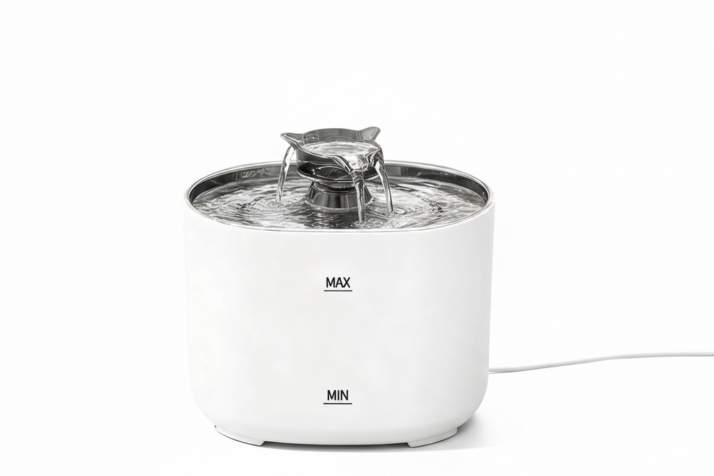 Fontaine à eau pour chat blanche avec jet d’eau circulaire et repères MAX/MIN