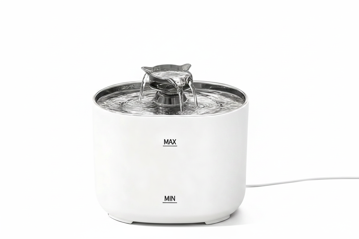 Fontaine à eau pour chat blanche avec jet d’eau circulaire et repères MAX/MIN