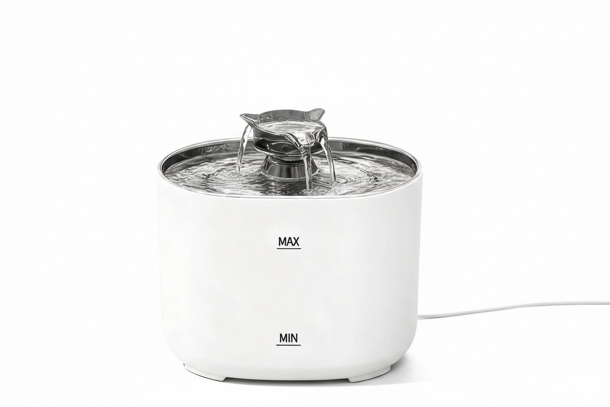Fontaine à eau filtrante silencieuse USB 2,2 L, base blanche et couvercle métallique