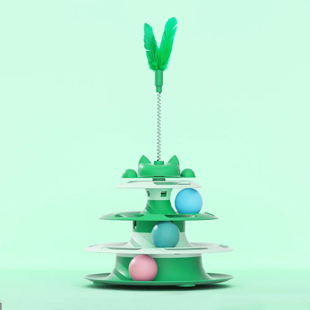Tourniquet de jouet pour chat vert, plume sur tige et balle rose et bleue