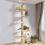Arbre à chat suspendu au plafond avec poteau en corde de chanvre beige et plateformes.
