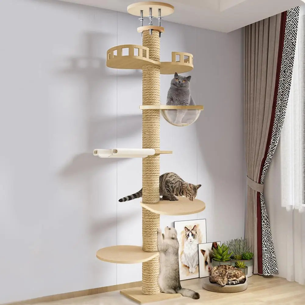 Arbre à Chat Sol Plafond Réglable 6 Niveaux – Griffoir Corde de Chanvre jusqu'à 3m