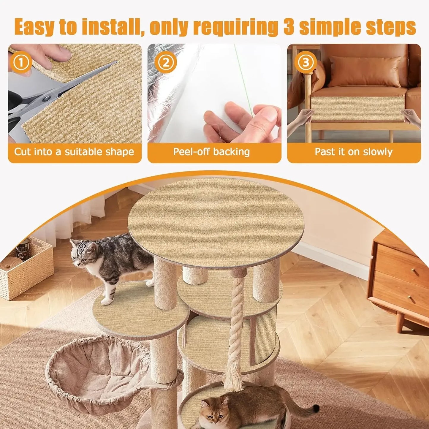 Tapis anti-griffes autocollant beige clair, forme ronde, posé au sol