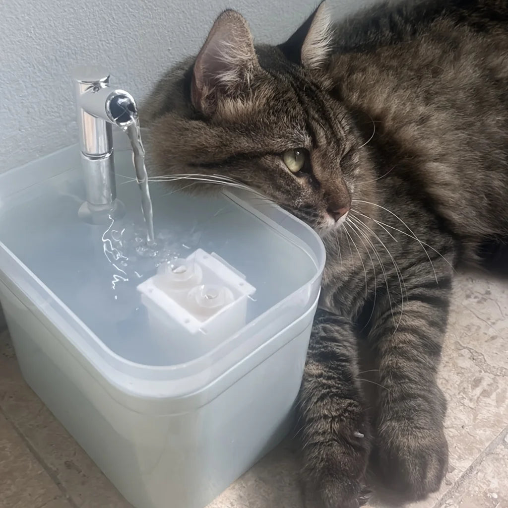 Fontaine à eau automatique pour chat et chien en plastique blanc, bec métal et bol.