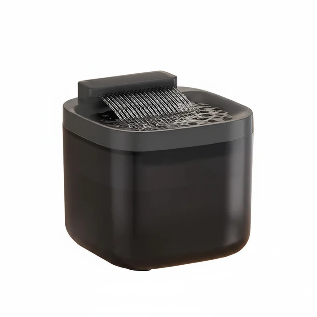 Fontaine à eau pour chat noire, réservoir rond translucide et grille de distribution