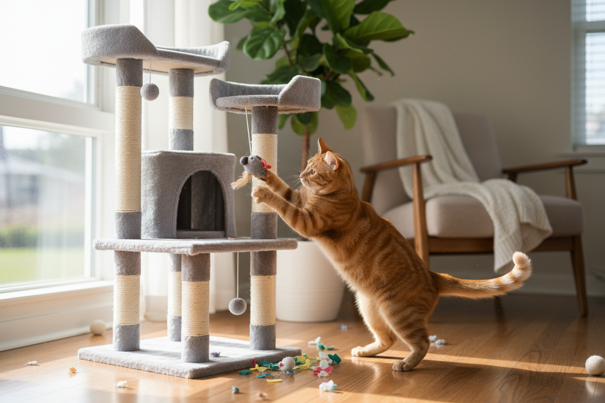 Chat qui joue avec un arbre à chat