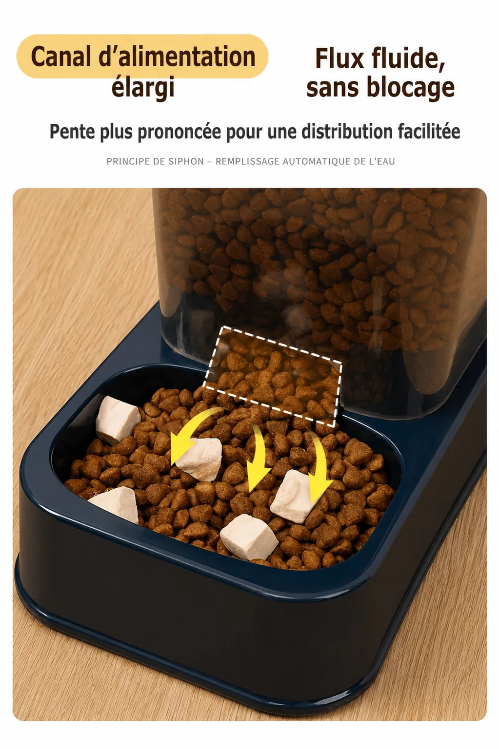 Trémie de croquettes avec alimentation en siphon pour distributeur automatique