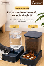 Fontaine et distributeur automatique : bocal d’eau transparent et trémie de croquettes noires
