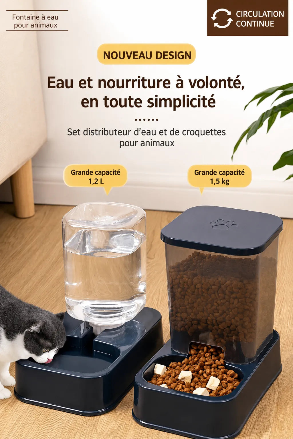 Fontaine et distributeur automatique : bocal d’eau transparent et trémie de croquettes noires